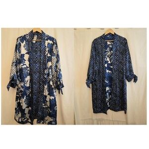 Chico's Kimono Jacket Womens 12/14 Blue Reversible Long Floral Satin 3/4 Sleeve